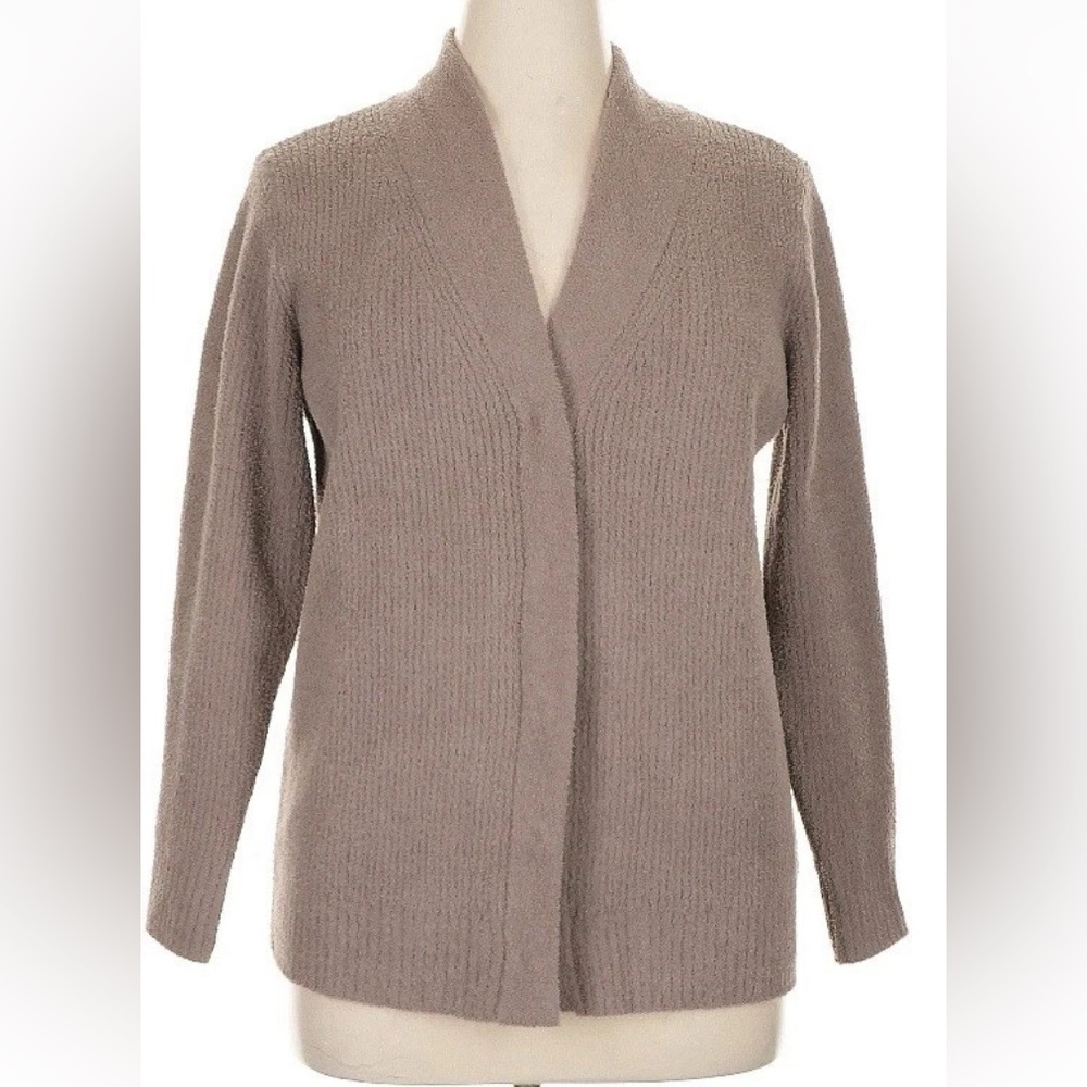 XL Barefoot Dreams Driftwood structured snap cardigan sweater knit poly taupe